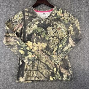 Mossy‎ Oak Camouflage Top Women's Sz M (8-10)  Pink Accents Long Sleeve V Neck